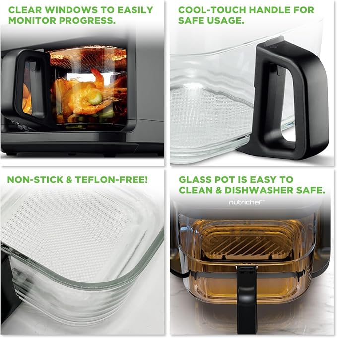 Nutrichef 5.8 Quart Air Fryer | 8-1 Preset Cook Modes | Transparent Fry Bowl for Best Cooking Results | Cook Shrimp, Steak, Fries, Wings, Chicken & More | Precise Temperature Control & Time | Grey