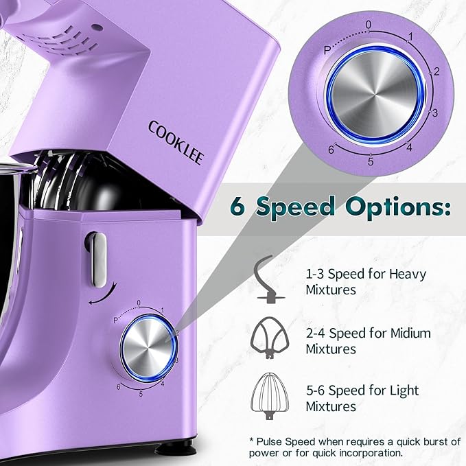 COOKLEE Stand Mixer, 9.5 Qt. 660W Electric Kitchen Mixer with Dishwasher-Safe Dough Hooks, Flat Beaters, Wire Whip & Pouring Shield Attachments for Most Home Cooks, Lavender