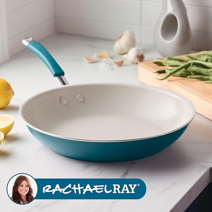 Rachael Ray Cucina Ceramic Nonstick Frying Pan/Skillet, 12.5 Inch Non Stick Open Fry Pan, Dishwasher Safe - Marine Blue
