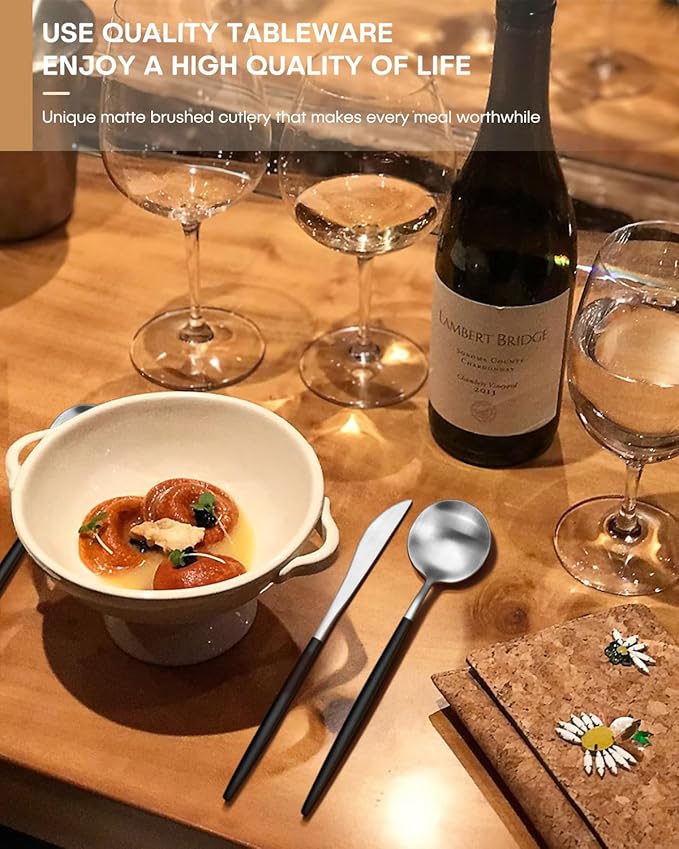 Silverware set for 6,Ollex 30-Piece Black and Silver Silverware Set include Knives Forks Spoons Matte Flatware Set Food-Grade Stainless Modern Utensil Cutlery Set with Stain Finished,Dishwasher Safe