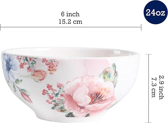 Bico Margret's Garden Cereal Bowls Set of 4, 24 oz Deep Ceramic Soup Bowls for Cereal, Salad, Noodles, Kitchen, Microwave and Dishwasher Safe, Gift for Housewarming and Thanksgiving