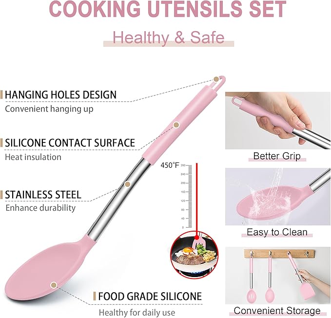 E-far Silicone Cooking Utensils Set, 14-Piece Pink Kitchen Utensils Set with Holder, Kitchen Tools Spatulas with Stainless Steel Handle for Non-stick Cookware, Heat Resistant & Dishwasher safe