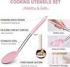 E-far Silicone Cooking Utensils Set, 14-Piece Pink Kitchen Utensils Set with Holder, Kitchen Tools Spatulas with Stainless Steel Handle for Non-stick Cookware, Heat Resistant & Dishwasher safe