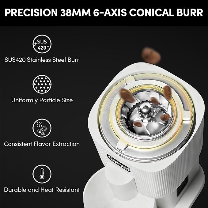 Coffee Grinder,Wirsh Portable Cordless Rechargeable Coffee Grinder Geimori T38 with Conical Burrs,3600mAh Batteries,Grind Settings for Espresso,Pour Over,French Press,Camping,Travel&Home Use