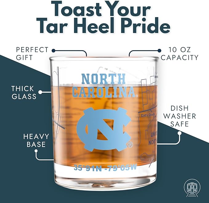 Greenline Goods – University of North Carolina Tar Heels College Whiskey Glasses (Set of 2), 10 oz – Full-Color Logo + Campus Map