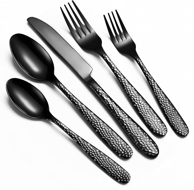 Black Hammered Silverware Set, 40-Piece Heavy Duty Stainless Steel Flatware Sets for 8, Food-Grade Cutlery Set for Home Restaurant, Mirror Polished, Dishwasher Safe