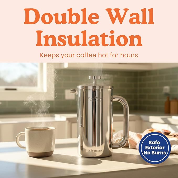 Ziruma Non-Toxic French Press, Surgical Stainless Steel Coffee Press, Plastic-Free, Heavy Metal-Free, No Endocrine Disruptors, 34 Oz, Double Wall, 4-Layer Filter, Portable Coffee Maker
