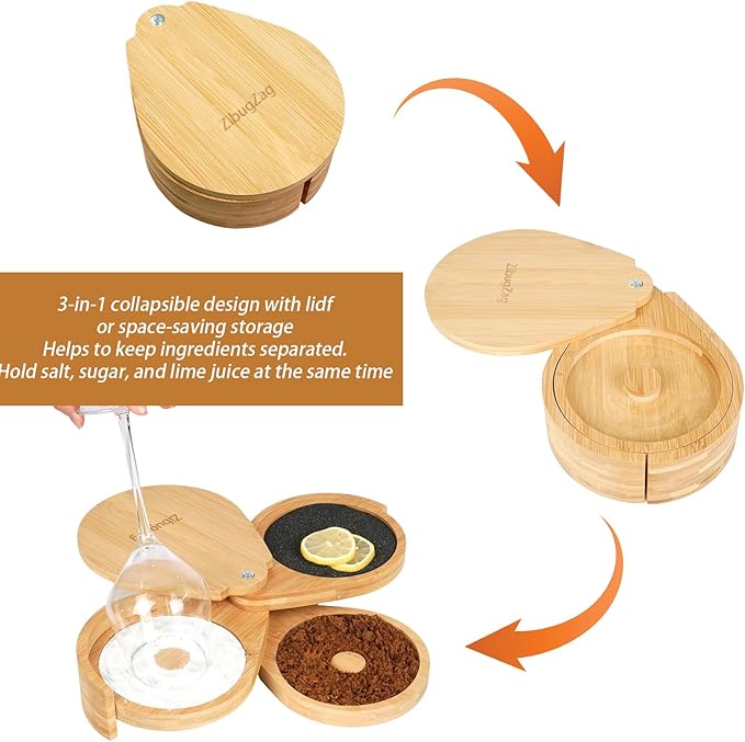 Margarita Salt Rimmer Set, 3-Tiers Salt Rimmer for Cocktails, Bamboo Margarita Salt Rimmer, Bar Salt and Sugar Rimmer for Margarita Kit, Bloody Mary, Manhattan Drinks, Bartender Tool Set