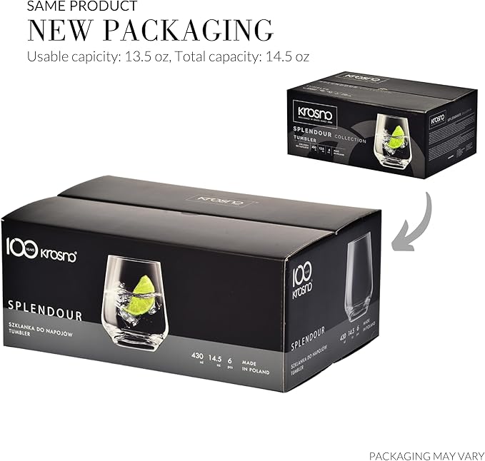 Krosno Water Drinking Glasses, Set of 6, 13.5 oz, Splendour Collection, Elegant Tumbler Collection, Ideal for Everyday Use and Entertaining, Lead-Free Crystalline, Dishwasher Safe, Made in Europe