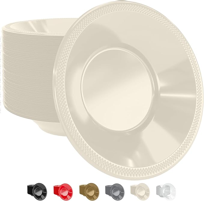 Party Solids 12 Oz Ivory Plastic Bowls Disposable Bowls for Hot Food Soup 50 Pcs - For Soup, Salad, Cereal, Desserts & Party Supplies