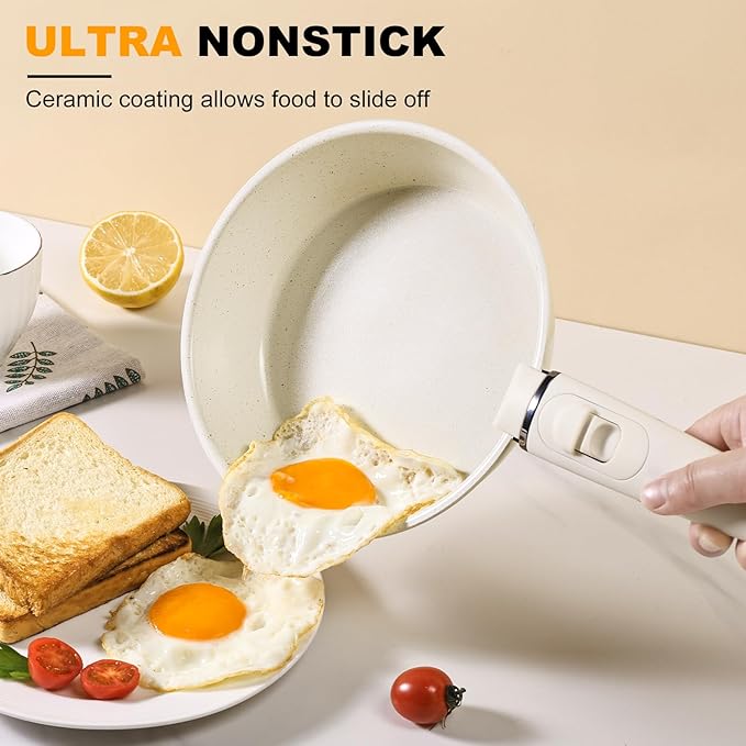 9 Pcs Ceramic Cookware Set Non Stick Frying Pots and Pans Set Non Toixc Cookware-PFAS/PFOA/PTFE Free, with Detachable Handle for RV Kitchen, Induction & Dishwasher Safe Cream White