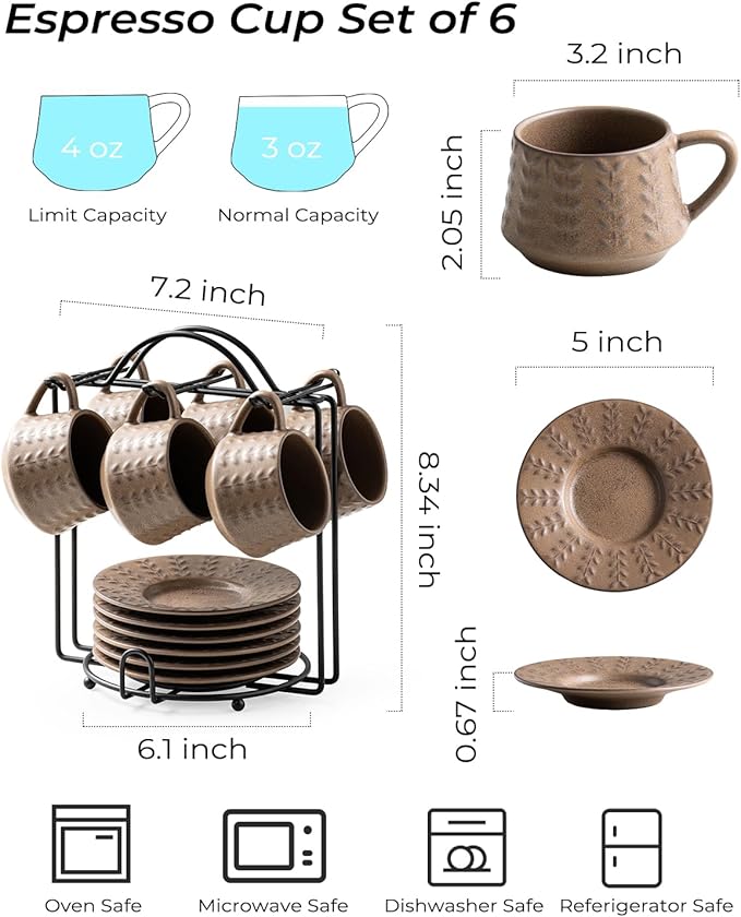 Espresso Cups Set, 4 Oz Porcelain Coffee Cups with Saucer and Metal Stand Small Cappuccino Cups Set of 6 Demitasse Cups for Espresso, Latte, Cafe Mocha, Cappuccino, and Tea, Brown