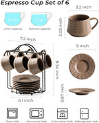 Espresso Cups Set, 4 Oz Porcelain Coffee Cups with Saucer and Metal Stand Small Cappuccino Cups Set of 6 Demitasse Cups for Espresso, Latte, Cafe Mocha, Cappuccino, and Tea, Brown