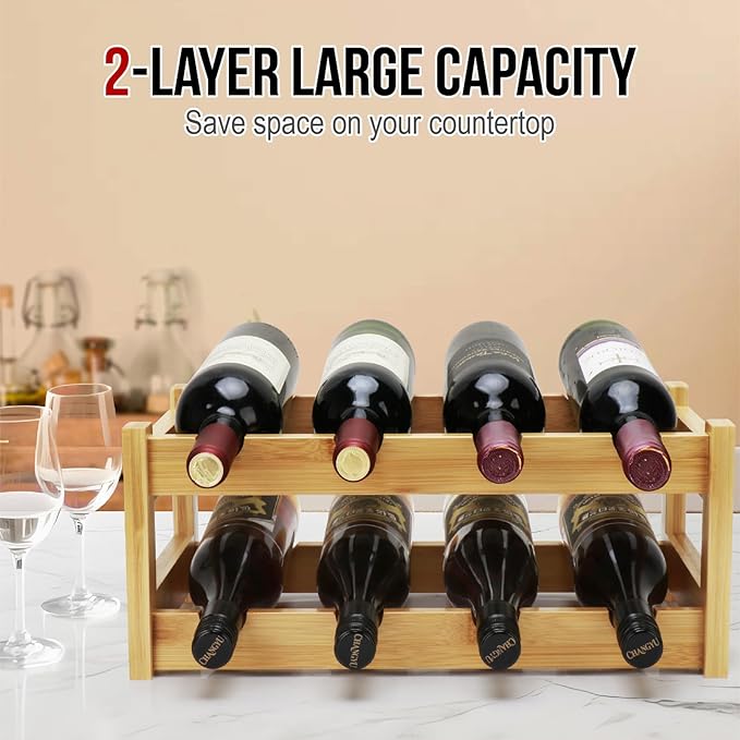 Bamboo Wine Rack, 2-Tier 8 Bottles Wine Storage Cabinet Shelf, Easy-Assembly Freestanding Bamboo Wine Racks Countertop for Kitchen Pantry Dining Room Bar, Natural