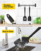 Pack of 2 Silicone Spatula Turners, Non Stick Slotted Kitchen Spatula Set, Heat Resistant BPA Free Kitchen Utensils, One-Piece Design, Suitable for Flipping Fish, Eggs, Steak, Pancakes(BLACK)