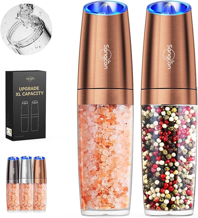 Sangcon Gravity Electric Salt and Pepper Grinder Set Shakers UPGRADED 9OZ XL CAPACITY Battery Powered Refillable Automatic One Hand Operation Adjustable Coarseness Mill Grinder Set for Kitchen