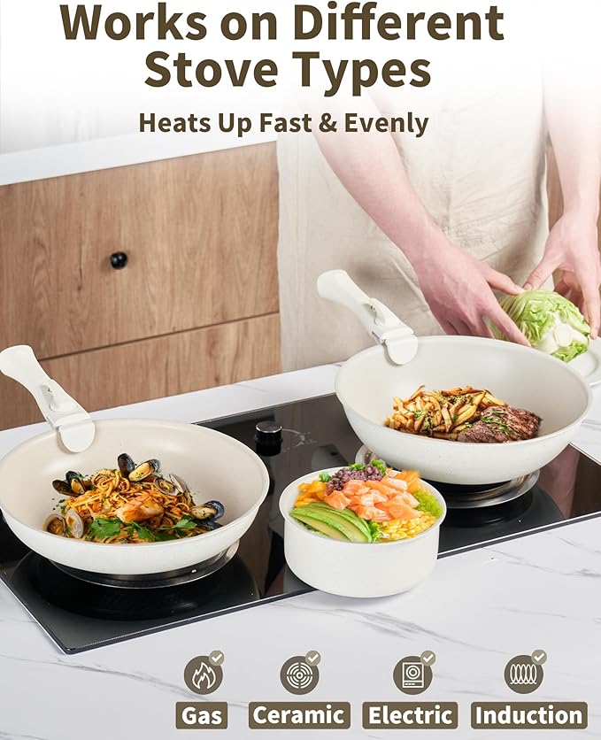22Pcs Pots and Pans Set, Nonstick Cookware Sets, Cream White Induction Cookware Non Stick Ceramic Cooking Set with Frying Pans & Saucepans (PFOS, PFOA Free)