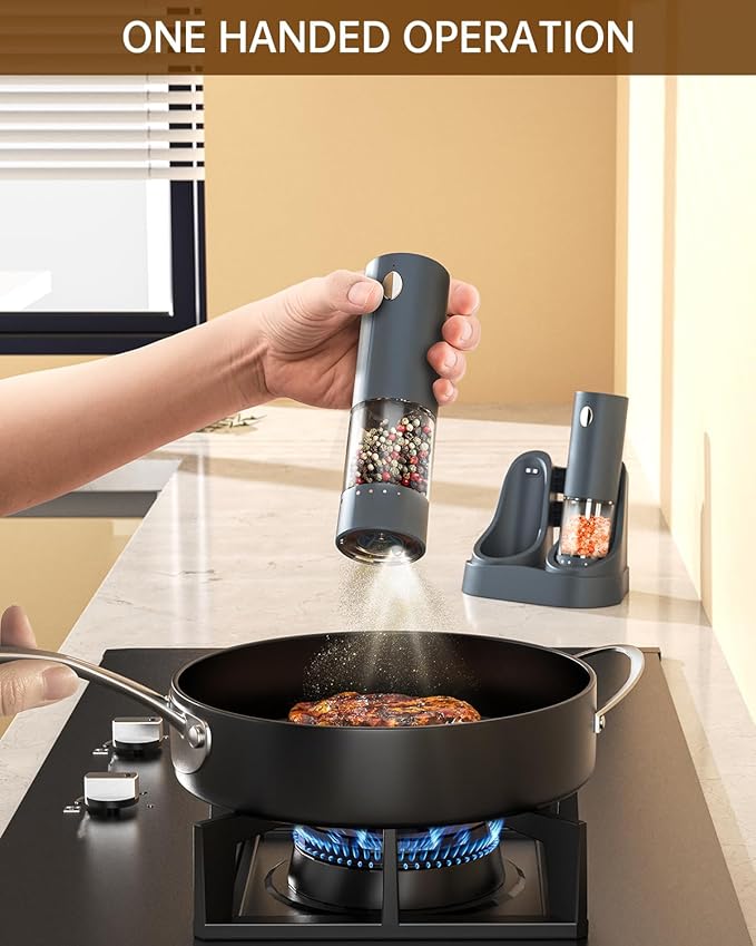 CIRCLE JOY Electric Salt and Pepper Grinder Set Automatic Salt and Pepper Grinder Set with Easy-to-Carry Charging Base and LED Light, Adjustable Coarseness, USB Rechargeable, Washable Container, Blue