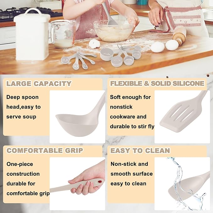 E-far Silicone Cooking Utensils Set, 24Pcs Heat Resistant Kitchen Utensil with Holder, Silicone Kitchen Tools with Spatula Turner Spoon Tongs Whisk, Non-Toxic & Dishwasher Safe (Khaki)