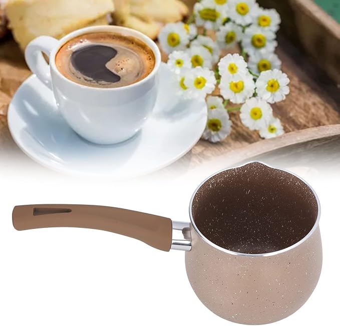 Nonstick Milk Pan, 10cm Dia Aluminum Alloy Sauce Pan with Single Handle Enameled Inside Coating for Coffee Butter Chocolate (Coffee)