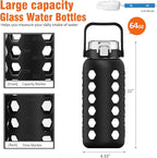 MUKOKO Half Gallon/64 oz Glass Water Bottles with Straw and Lid,Motivational Water Jug with Time Marker Reminder and Silicone Sleeve,100% Leakproof BPA Free Fitness Sports Large Bottle-Black