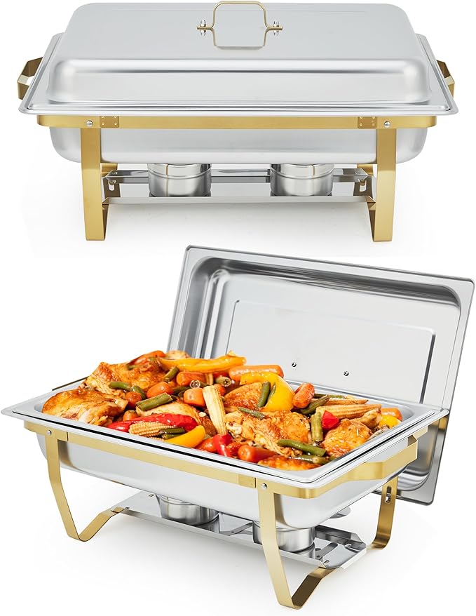 Garvee Chafing Dishes for Buffet Set of 2, 8QT Buffet Servers and Warmers Set with Lid & Foldable Frame, Rectangular Stainless Steel Chafer Food Warmer for Parties Wedding Catering Supplies, Gold