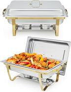 Garvee Chafing Dishes for Buffet Set of 2, 8QT Buffet Servers and Warmers Set with Lid & Foldable Frame, Rectangular Stainless Steel Chafer Food Warmer for Parties Wedding Catering Supplies, Gold