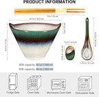 HENXFEN LEAD Japanese Ramen Noodle Bowls Set of 2 - Deep Ceramic Soup Bowls with Spoons, Chopsticks and Holder, 20 Oz Serving Dishes for Pho, Udon Noodle, Cereal - Reactive Green