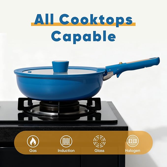 CAROTE 15Pcs Ceramic Cookware Set, Pots and Pans Set Non stick, Non Toxic Cookware Detachable Handle, Induction Cookware, Dishwasher/Oven Safe, RV/Camping, PFAS Free, Blue&Gold