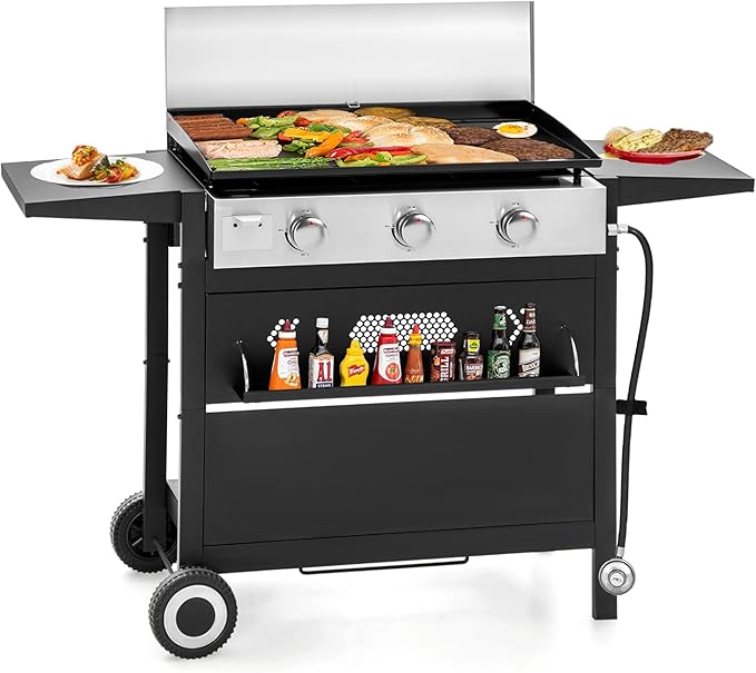 GREEN PARTY 3 Burner Propane Gas Griddle with Removable Standing Cart, Convertible to Tabletop Design, 27 inch Flat Top Grill for Outdoor Cooking Camping Tailgating Barbecue