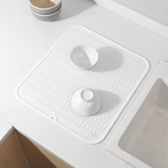 Silicone Dish Drying Mat for Multiple Usage,Easy clean,Eco-friendly,Heat-resistant Silicone Mat for Kitchen Counter or Sink,Refrigerator or Drawer Liner White XL 18 inches x 16 inches