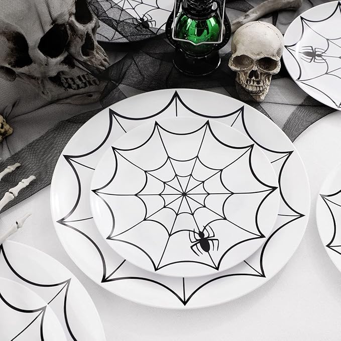 WDF 60Pieces Halloween Plates Disposable Plastic - White and Black with Cobwebs plates Dinnerware include 30PCS 10.25inch and 30PCS 7.5inch Plates for Halloween