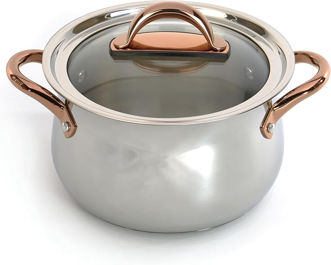 BergHOFF Ouro Gold 18/10 Stainless Steel 3Pc Cookware Set With Glass Lids for Starters Induction Pots and Pans PFOA-free, Rose Gold Handle