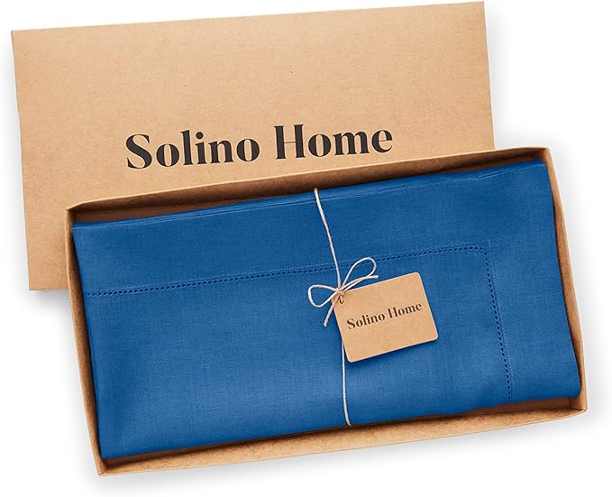 Solino Home Linen Square Tablecloth 52 x 52 Inch - 100% Pure Linen Indigo Blue Table Throw - Classic Hemstitch, Machine Washable Table Cloth for Summer, Fall, Autumn