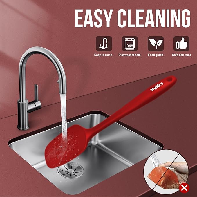 Walfos Silicone Spatula Set of 5-600°F Heat Resistant Kitchen Scraper Spatulas, Strong Steel Core and One-Pieces Seamless Design, Great for Cooking Mixing & Baking - BPA Free & Dishwasher Safe (Red)