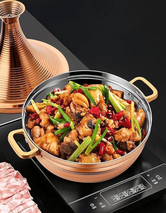 304 Stainless Steel Non-Stick Tagine Pot, Slow Cooker Casserole with High Lid for Seafood, Compatible with Induction Cooktops(Size:22cm/8.66inch,Color:Gold)