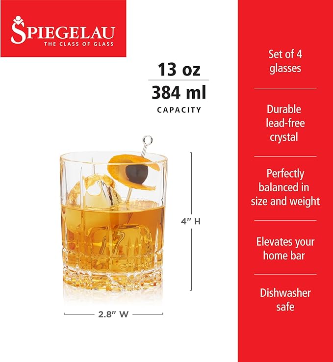 Spiegelau Perfect Serve Double Old Fashioned Glasses Set of 4 - Lowball Cocktail Glasses European-Made Crystal, Dishwasher Safe, Professional Quality Cocktail Glass Gift Set - 13 oz