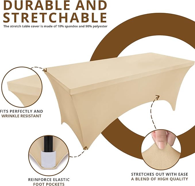 Utopia Kitchen 6FT Spandex Tablecloth [1 Pack, Champagne] 200 GSM Stretch, Fitted, Washable and Wrinkle Resistant Table Cloth Rectangle Cover for Trade Shows, Wedding, Parties [72Lx30Wx30H Inch]