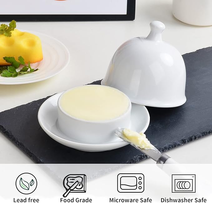 Butter dish, Ceramic Small Butter Dish with Lid, 2024 NEW Original Design Mini Butter Crock Keeper with Handle, 17 OZ Mini Butter Container Cover and Water Sealing 2 Ways Sealing