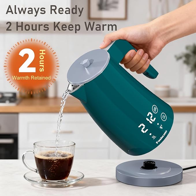 Temperature Control Electric Kettle, 5 Temp Presets, 2H Keep Warm,1.25L 1200W Fast Boil with LED Display, Cool-Touch Design with Auto Shut-Off, Cordless Design, Ideal for Tea and Coffee(Green）