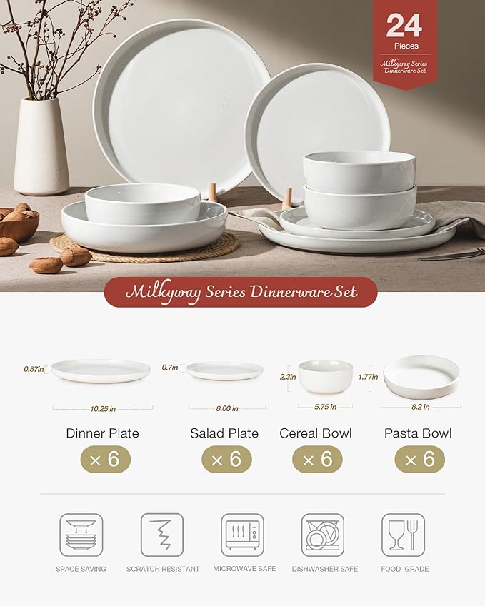 Famiware Milkyway Stoneware Dinnerware Sets with Pasta Bowls, Service for 6 (24 Pieces), Plates and Bowls Sets -Scratch Resistant, Microwave and Dishwasher Safe Dishes Set, White