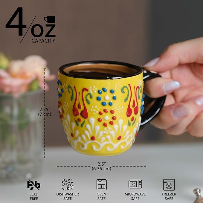 Espresso Cups Set of 2 | 4 oz Small Espresso Cups | Turkish Tea Cups | Demitasse Mugs with Handle | Modern Stackable Ceramic Espresso Mugs Set (Yellow/NavyBlue)