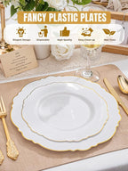WDF 60pcs Gold Dessert Plates-7.5inch Baroque White and Gold Small Plastic Plates/Disposable Dessert/Salad/Cake/Appetizer Plastic Plate for Upscale Thanksgiving Parties/Wedding/Birthday