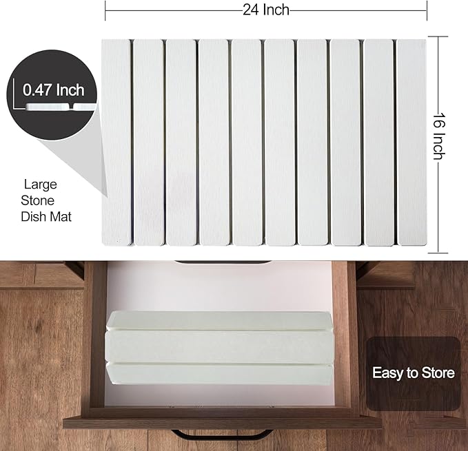 Large Stone Dish Drying Mats for Kitchen Counter, 24"(L)×16"(W) Quick Dry Collapsible Dish Drying Mat with Towel Sanding Absorbent Diatomaceous Earth Mat for Dishes Bottles Cups, Match Any Countertop