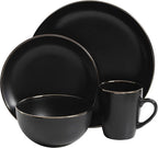 Gibson Home Rockaway Round Stoneware Dinnerware Set, Service for 4 (16pcs), Black/Gold Rim