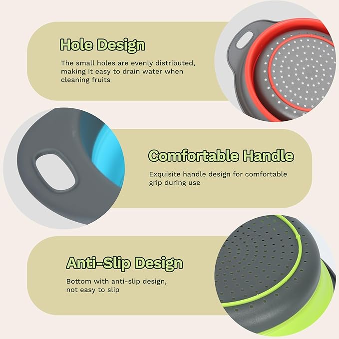 Collapsible Silicone Colander Set 3-Piece - Space-Saving Kitchen Strainer for Pasta & Spaghetti, Fruit & Veggies, Dishwasher Safe, Multi-Color Sizes for Camping, RV & Small Kitchens