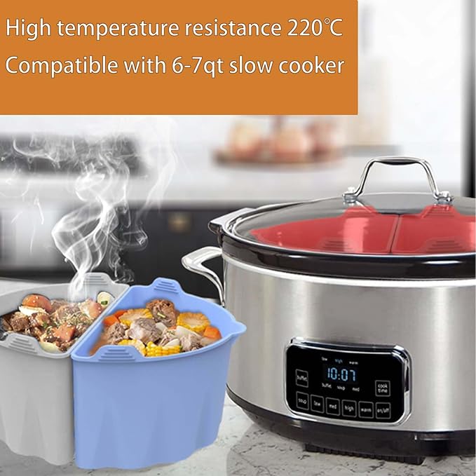 6 Quart Silicone Slow Cooker Divider Liners, Reusable Slow Cooker Divider Insert for Most 6 7 Qt Crock Pot,Roaster silicone Crock Pot Divider,Dishwasher Safe, BPA Free(Grey+Blue)