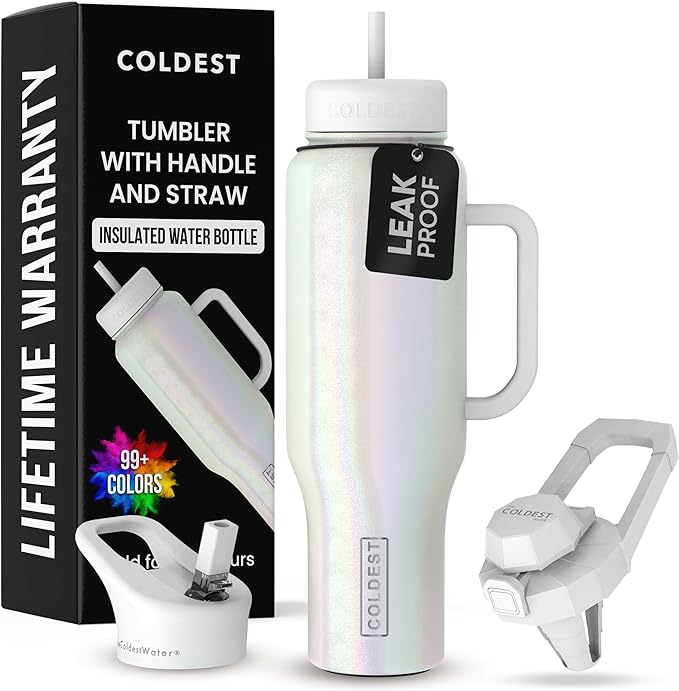 Coldest Tumbler with Handle and Straw Lid | 3 Lids Insulated Reusable Stainless Steel Water Bottle Travel Mug | Gifts for Women Him Her | Limitless Collection (46 oz, Cosmic Ice Glitter)