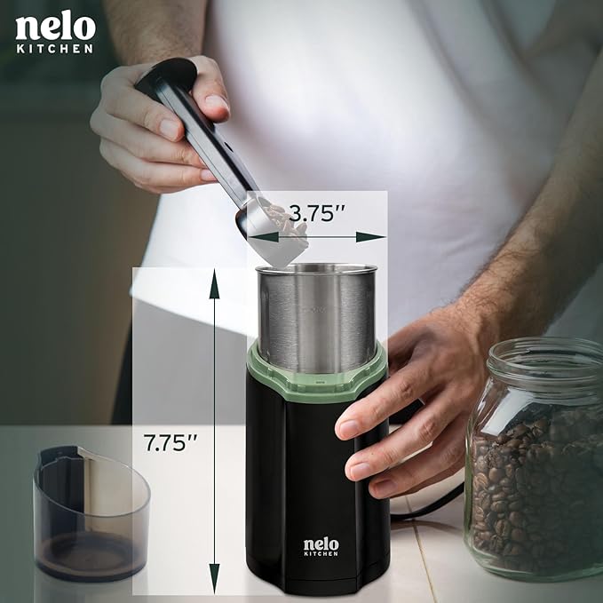 NELO 3.5oz One-Touch Coffee Grinder, Power Grind with Removable BPA Free Stainless Steel Dishwasher Safe Bowl, 15 Cups, Easy Use, 200 Watts, Electric Coffee Bean Grinder, Spice Grinder, Nuts, Black