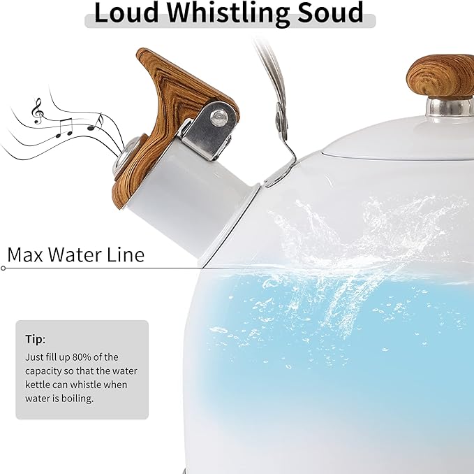 LONFFERY Tea Kettle, 2.5 Quart Whistling Tea Kettle, Tea Pots for Stove Top Food Grade Stainless Steel with Wood Pattern Folding Handle - White
